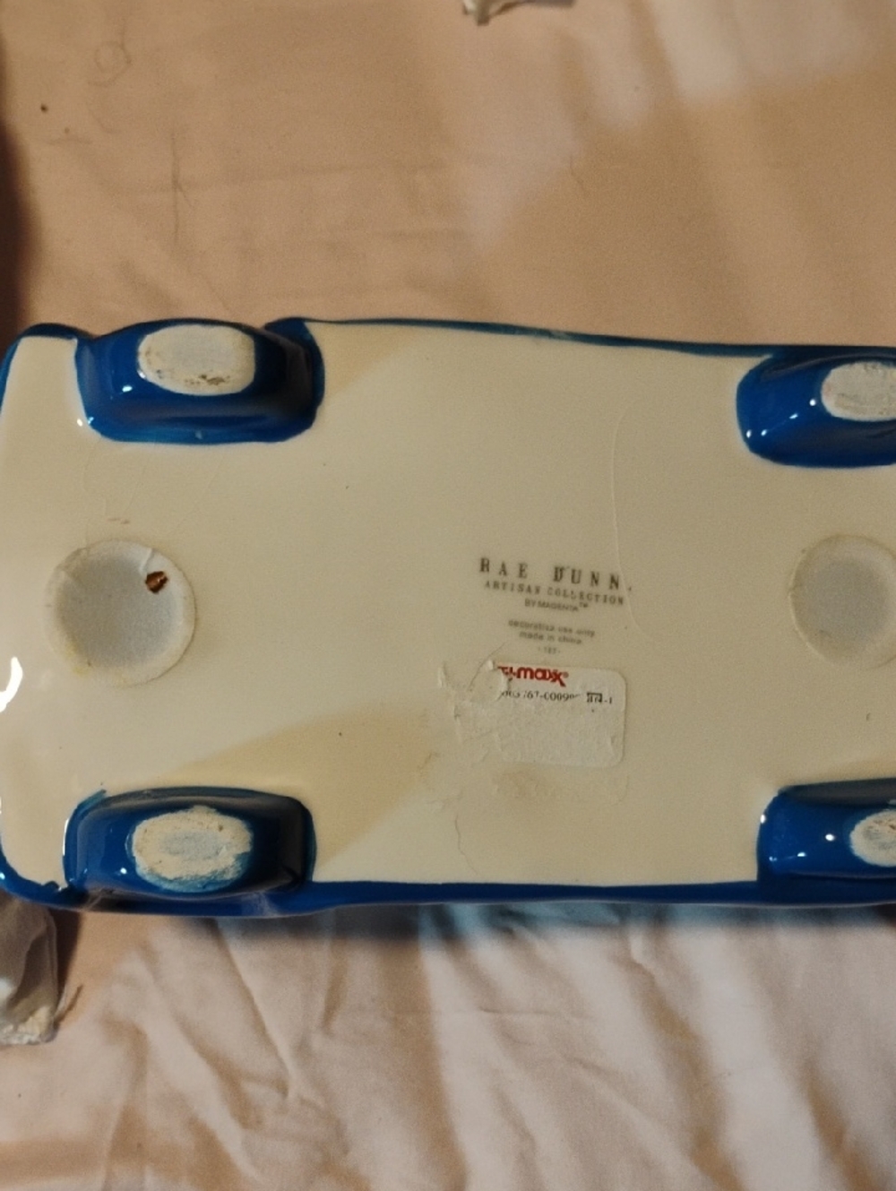 Rae Dunn White Ceramic Tray with Blue Trim